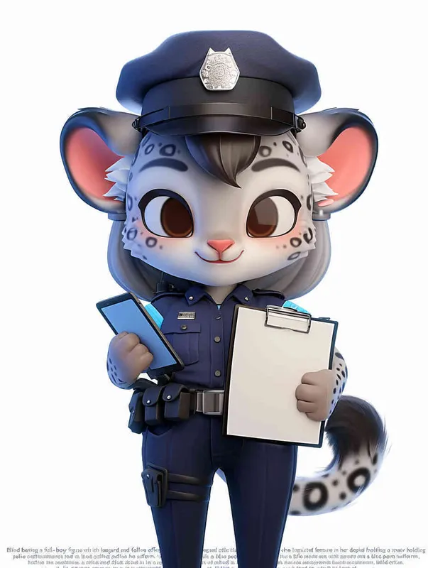 Blind Box Style, full body, chibi, exquisite facial features, snow leopard female police personification image,Hold the folder in the left hand and the iPad in the right hand，wearing blue police uniform, black police hat, black armbands, black trousers,  Q-version, white background, natural lighting, 8K, best quality, ultra details, 3D, C4D, Blender, OC renderer, ultra-high definition, 3D rendering - style4部分