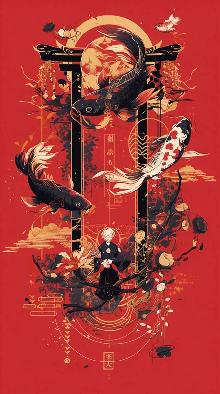 We require your expertise in crafting annual posters showcasing products that include fish and hawthorn cakes. The design should embody a traditional Chinese aesthetic, with a vibrant red backdrop and a carp leaping over a dragon gate, symbolizing the prestigious Golden List title. The artwork should feature a flat vector illustration, staying true to traditional Chinese artistic techniques by eschewing intricate details like volume or shadow. Please produce a set of four posters at your earliest convenience. (dall.e3) - style2部分