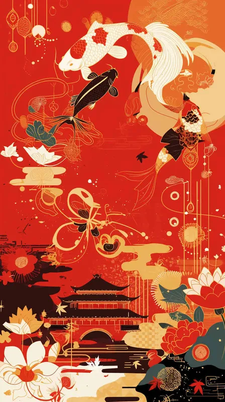 We require your expertise in crafting annual posters showcasing products that include fish and hawthorn cakes. The design should embody a traditional Chinese aesthetic, with a vibrant red backdrop and a carp leaping over a dragon gate, symbolizing the prestigious Golden List title. The artwork should feature a flat vector illustration, staying true to traditional Chinese artistic techniques by eschewing intricate details like volume or shadow. Please produce a set of four posters at your earliest convenience. (dall.e3) - style3部分