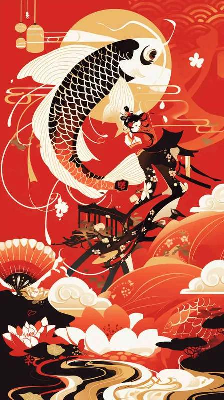 We require your expertise in crafting annual posters showcasing products that include fish and hawthorn cakes. The design should embody a traditional Chinese aesthetic, with a vibrant red backdrop and a carp leaping over a dragon gate, symbolizing the prestigious Golden List title. The artwork should feature a flat vector illustration, staying true to traditional Chinese artistic techniques by eschewing intricate details like volume or shadow. Please produce a set of four posters at your earliest convenience. (dall.e3) - style4部分