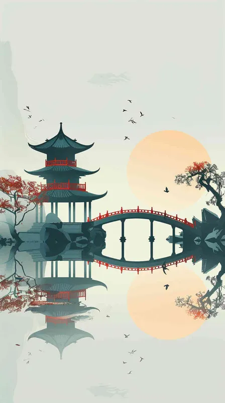 扁平插画背景，有一道闪光，有一座独木桥，有一个钱袋子，背景为浅灰色 - style3部分