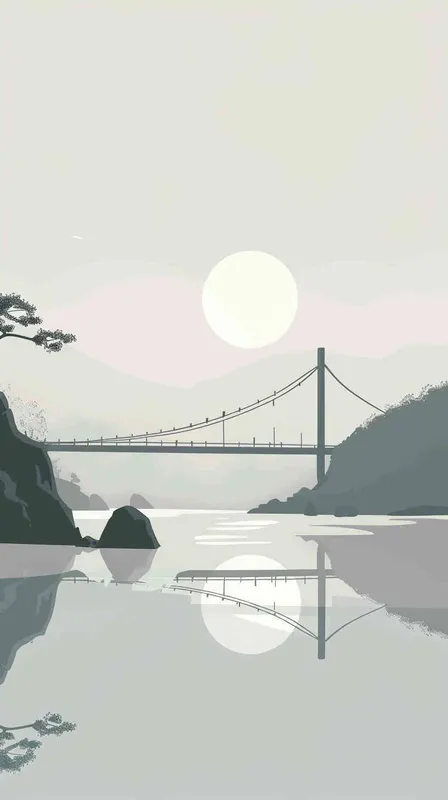 扁平插画背景，有一道闪光，有一座独木桥，有一个钱袋子，背景为浅灰色 - style4部分