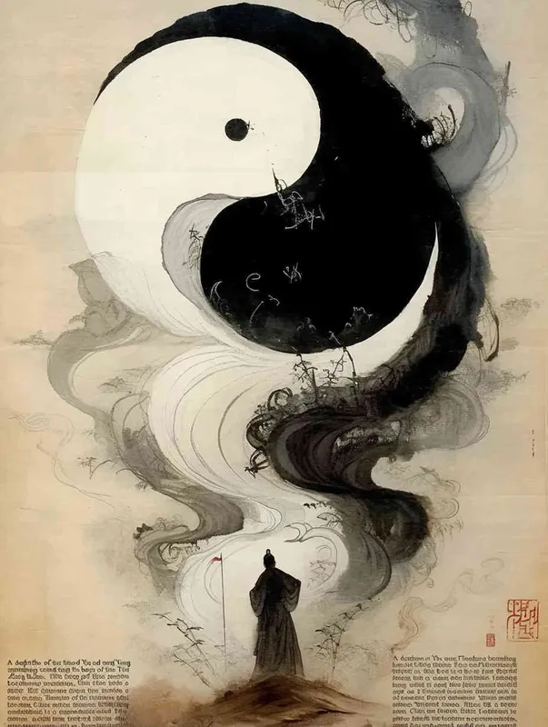 A painting of Yin and Yang Tai Chi, with a knight-errant at the bottom of the screen. Ink painting by Zhang Kechun, curved and split, in a new Chinese style ink painting style - style3部分