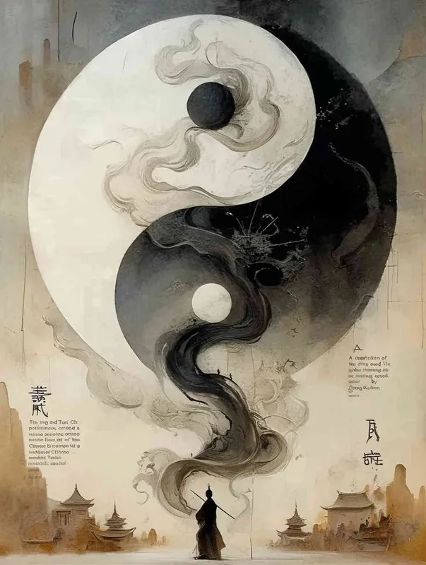 A painting of Yin and Yang Tai Chi, with a knight-errant at the bottom of the screen. Ink painting by Zhang Kechun, curved and split, in a new Chinese style ink painting style - style4部分