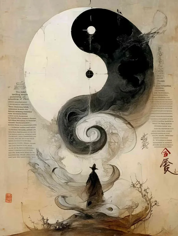 A painting of Yin and Yang Tai Chi, with a knight-errant at the bottom of the screen. Ink painting by Zhang Kechun, curved and split, in a new Chinese style ink painting style – AI绘画作品展示 | Midjourney中文版生成
