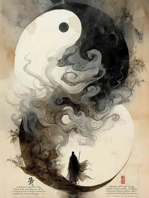 A painting of Yin and Yang Tai Chi, with a knight-errant at the bottom of the screen. Ink painting by Zhang Kechun, curved and split, in a new Chinese style ink painting style - style2部分