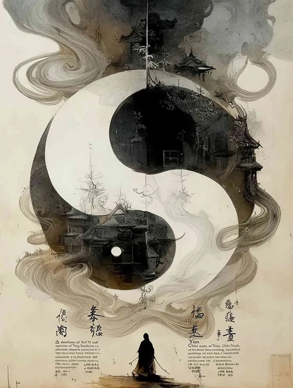 A painting of Yin and Yang Tai Chi, with a knight-errant at the bottom of the screen. Ink painting by Zhang Kechun, curved and split, in a new Chinese style ink painting style - style3部分