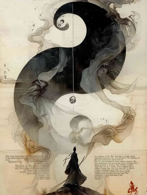 A painting of Yin and Yang Tai Chi, with a knight-errant at the bottom of the screen. Ink painting by Zhang Kechun, curved and split, in a new Chinese style ink painting style - style4部分