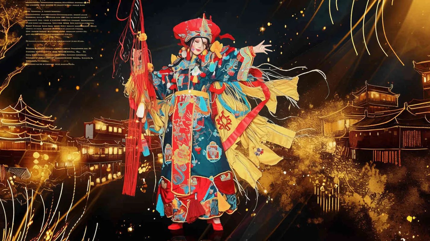 The main body of the screen is the image of Dao Ma Dan in red , yellow，and, blue colors, The background is a Jiangnan Water Town Composed of Gold Foil.  Cyber – punk ,Glitch art， Acid Graphics ，Made of iridescent foil ， Crystal Light Sensation，black background，gold foi outlining line – AI绘画作品展示 | Midjourney中文版生成