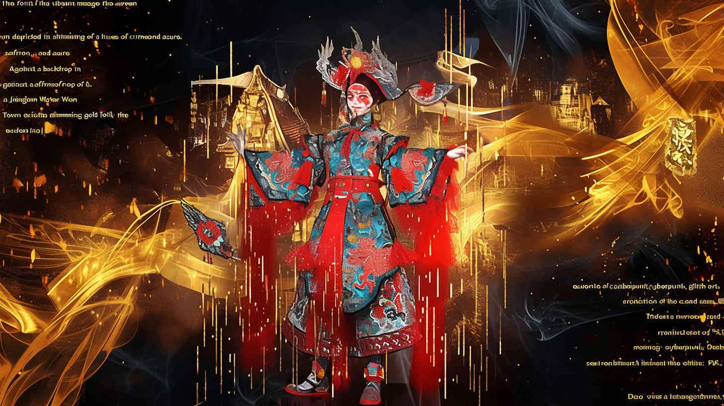 The main body of the screen is the image of Dao Ma Dan in red , yellow，and, blue colors, The background is a Jiangnan Water Town Composed of Gold Foil.  Cyber - punk ,Glitch art， Acid Graphics ，Made of iridescent foil ， Crystal Light Sensation，black background，gold foi outlining line - style3部分