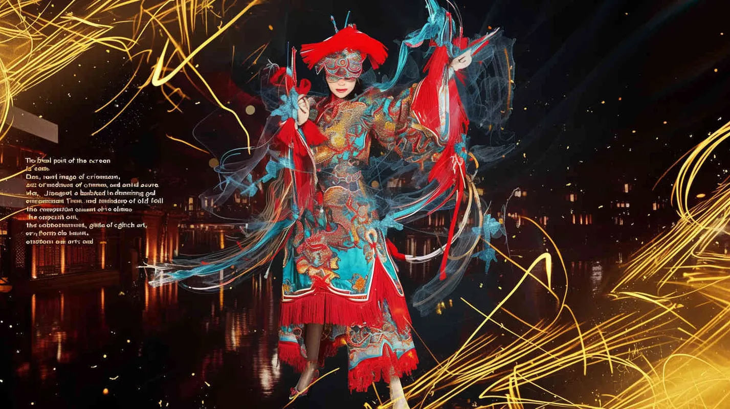 The main body of the screen is the image of Dao Ma Dan in red , yellow，and, blue colors, The background is a Jiangnan Water Town Composed of Gold Foil.  Cyber - punk ,Glitch art， Acid Graphics ，Made of iridescent foil ， Crystal Light Sensation，black background，gold foi outlining line - style4部分
