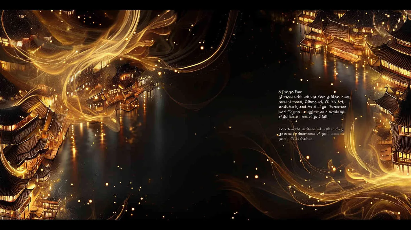  a Jiangnan Water Town Composed of Gold Foil.  Cyber - punk ,Glitch art， Acid Graphics ，Made of iridescent foil ， Crystal Light Sensation，black background，gold foi outlining line - style2部分