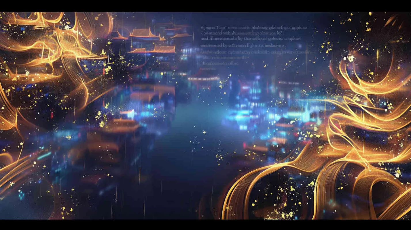  a Jiangnan Water Town Composed of Gold Foil.  Cyber - punk ,Glitch art， Acid Graphics ，Made of iridescent foil ， Crystal Light Sensation，black background，gold foi outlining line - style1部分