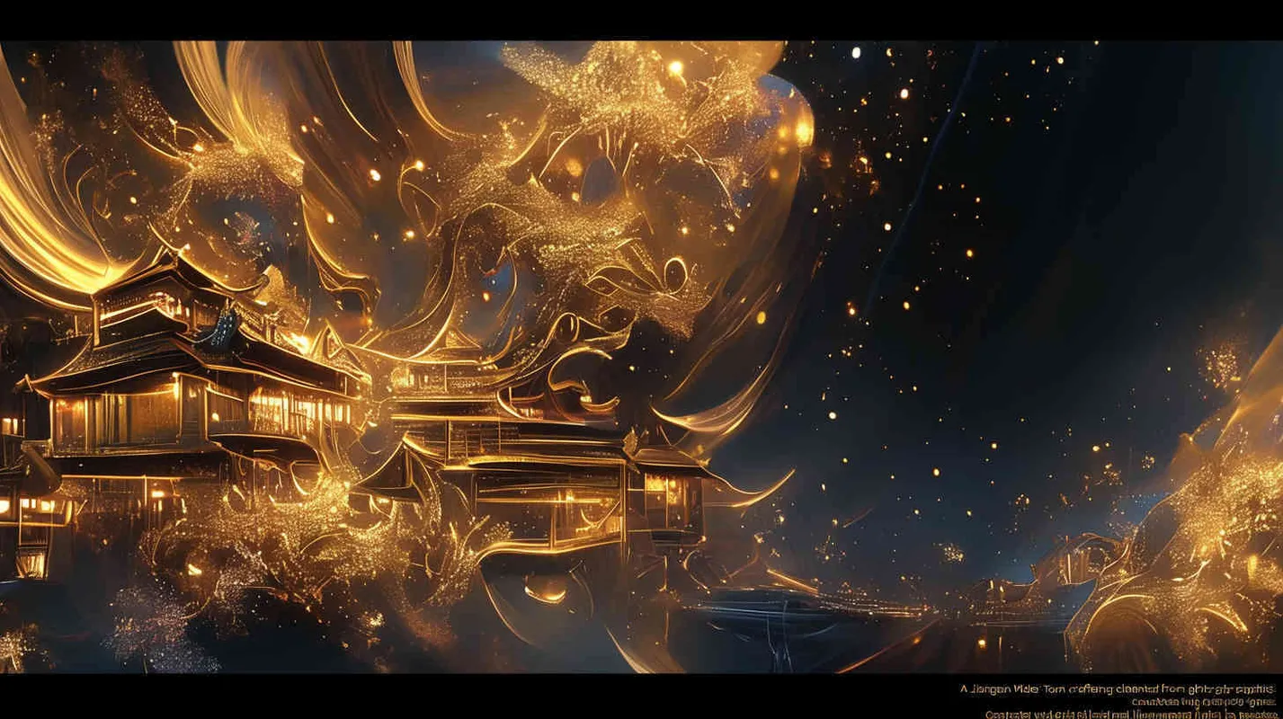  a Jiangnan Water Town Composed of Gold Foil.  Cyber - punk ,Glitch art， Acid Graphics ，Made of iridescent foil ， Crystal Light Sensation，black background，gold foi outlining line - style3部分