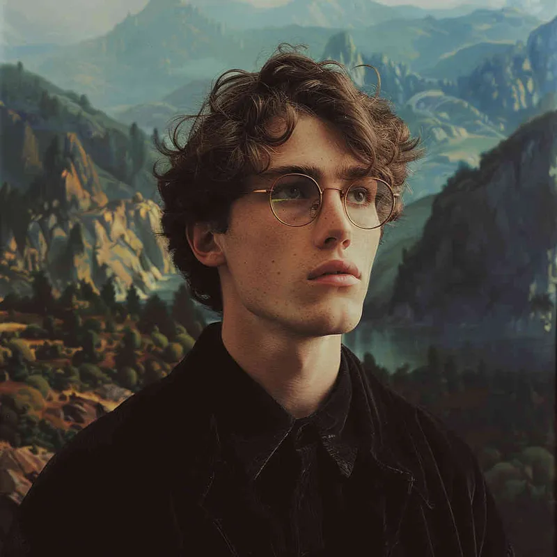 A boy wearing glasses and black clothes, with a green mountain background - style1部分