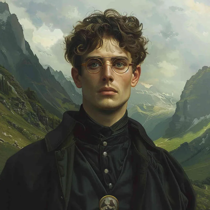 A boy wearing glasses and black clothes, with a green mountain background - style2部分