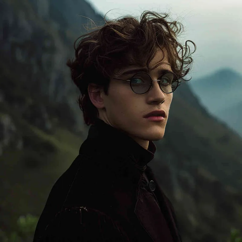 A boy wearing glasses and black clothes, with a green mountain background - style3部分