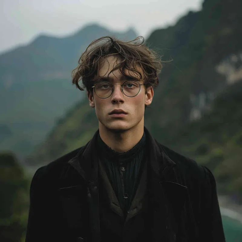 A boy wearing glasses and black clothes, with a green mountain background - style4部分