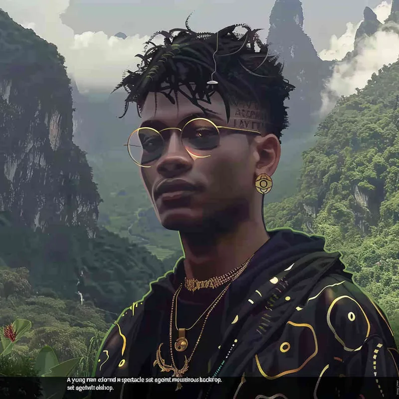 A boy wearing glasses and black clothes, with a green mountain background - style2部分