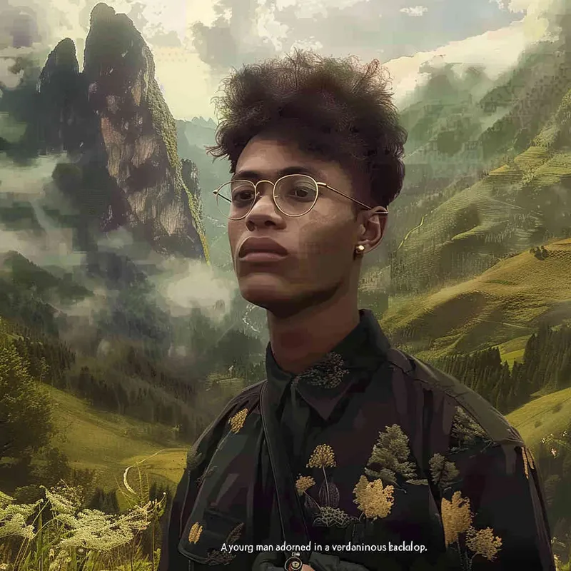 A boy wearing glasses and black clothes, with a green mountain background - style3部分