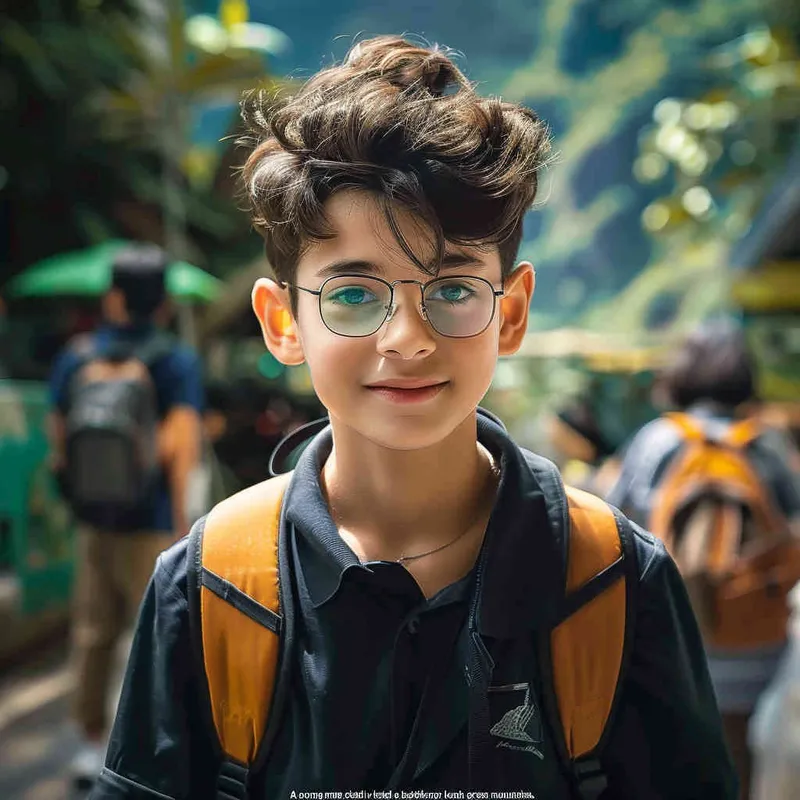 A boy wearing glasses and black clothes, with a green mountain background - style1部分