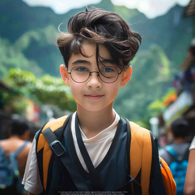 A boy wearing glasses and black clothes, with a green mountain background - style2部分