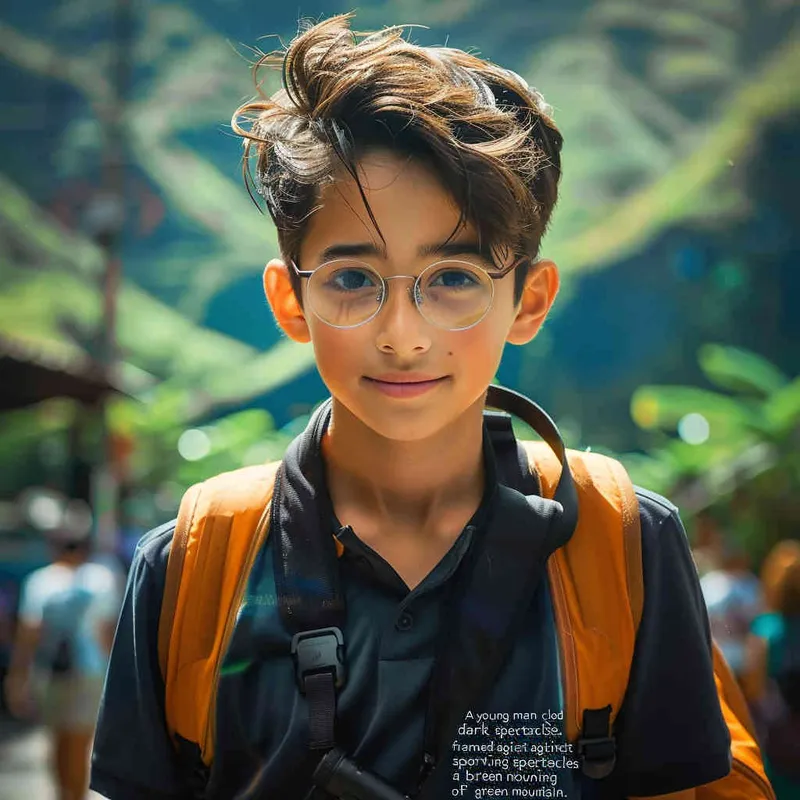 A boy wearing glasses and black clothes, with a green mountain background - style3部分