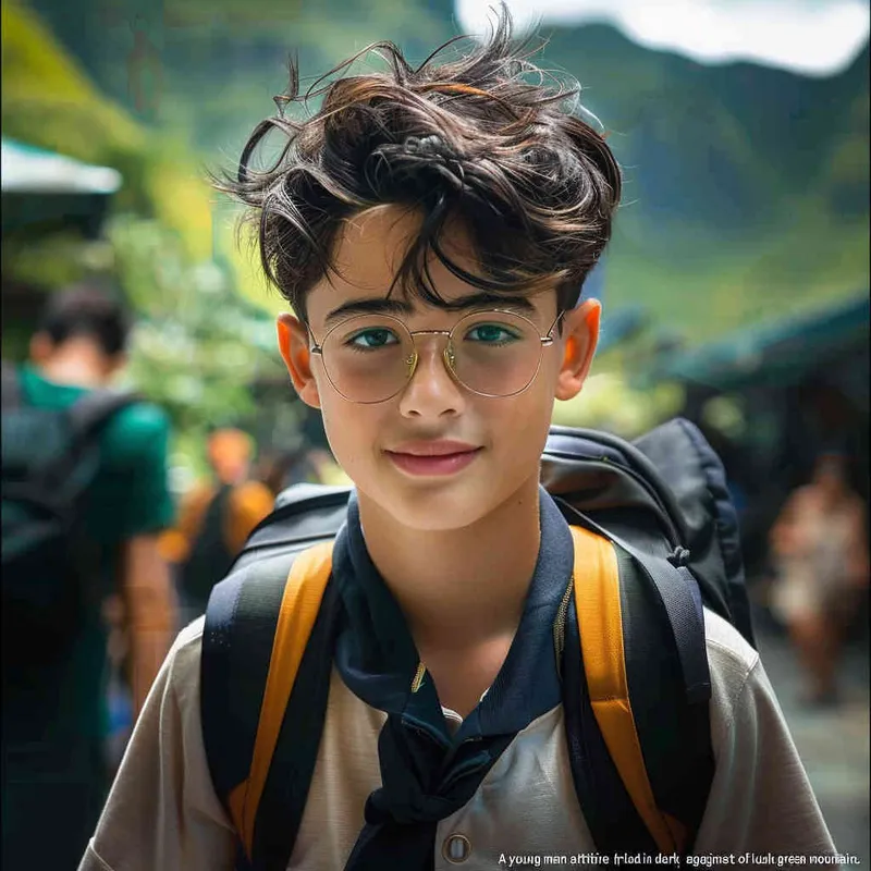 A boy wearing glasses and black clothes, with a green mountain background - style4部分