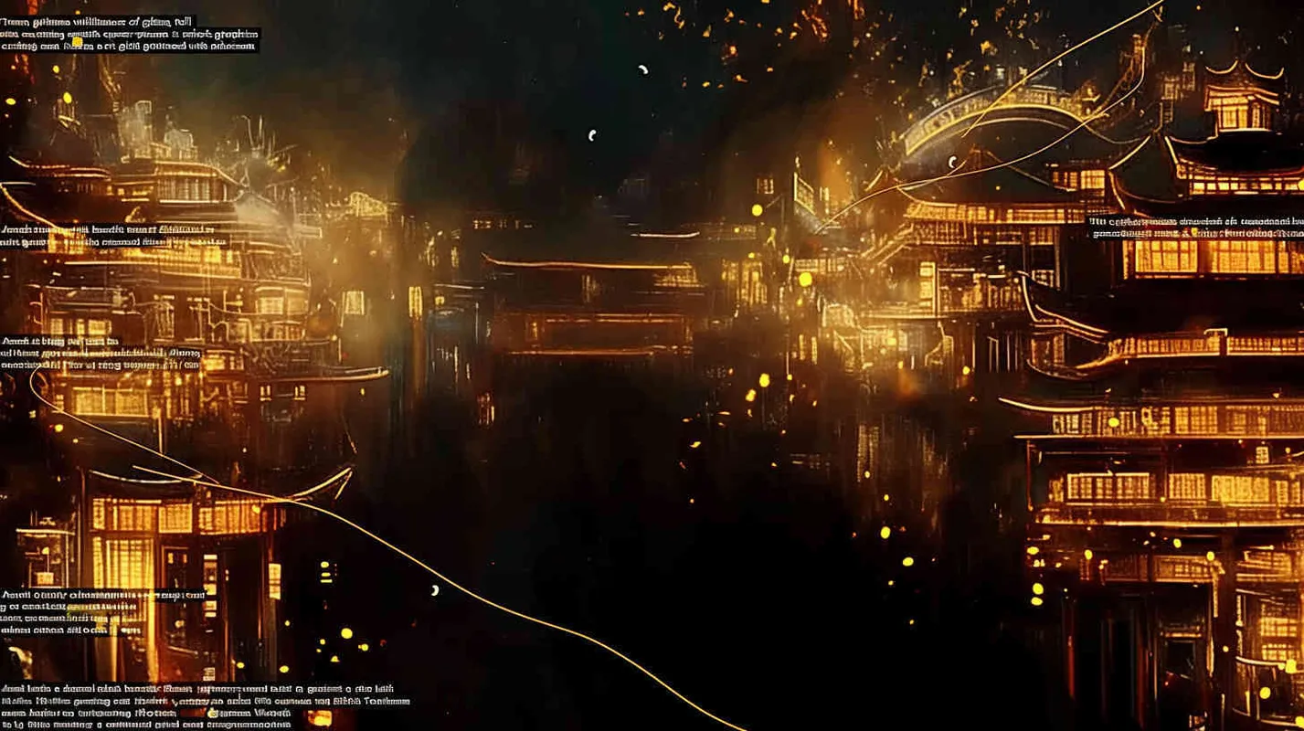  a Jiangnan Water Town Composed of Gold Foil.  Cyber - punk ,Glitch art， Acid Graphics ，Made of iridescent foil ， Crystal Light Sensation，black background，gold foi outlining line - style1部分