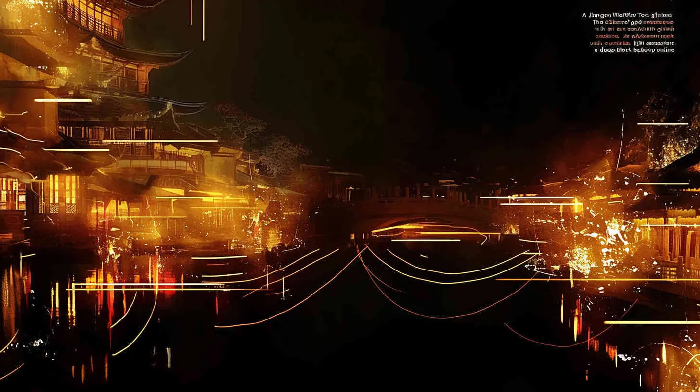  a Jiangnan Water Town Composed of Gold Foil.  Cyber - punk ,Glitch art， Acid Graphics ，Made of iridescent foil ， Crystal Light Sensation，black background，gold foi outlining line - style2部分