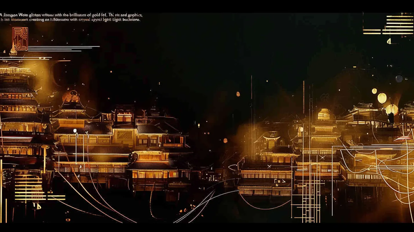  a Jiangnan Water Town Composed of Gold Foil.  Cyber - punk ,Glitch art， Acid Graphics ，Made of iridescent foil ， Crystal Light Sensation，black background，gold foi outlining line - style3部分