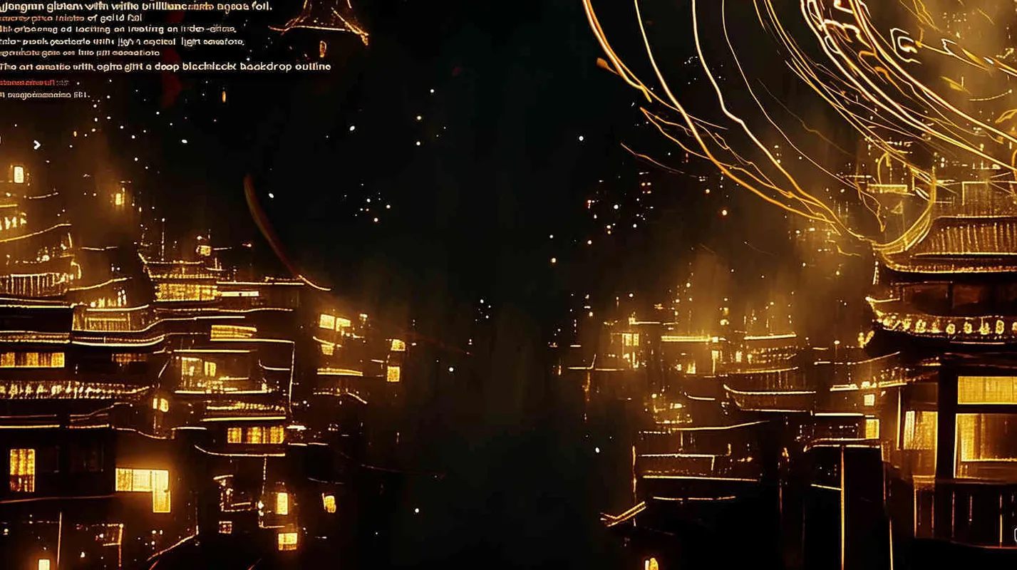  a Jiangnan Water Town Composed of Gold Foil.  Cyber - punk ,Glitch art， Acid Graphics ，Made of iridescent foil ， Crystal Light Sensation，black background，gold foi outlining line - style4部分