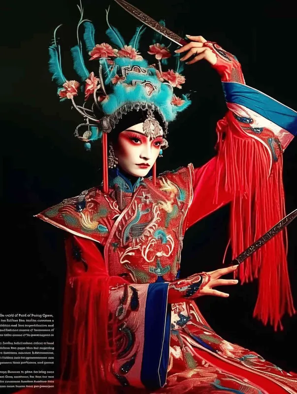 Peking Opera Knife and Horse Dan, red and blue costumes, fashion magazines, Time magazine, studio photos, special effects for big movies, real lighting, face lights, surprising details, portrait closeups, cinematic feel, ultimate closeups, rich lighting details, creative associations，white background - style3部分
