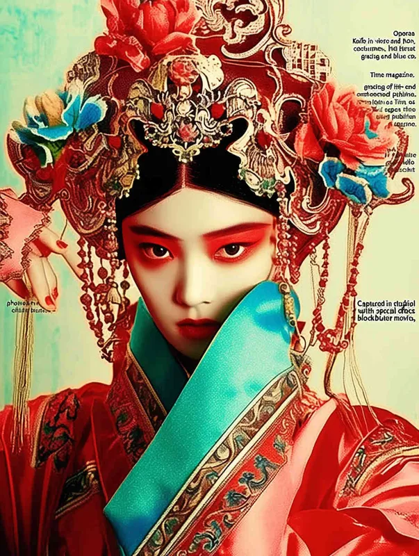 Peking Opera Knife and Horse Dan, red and blue costumes, fashion magazines, Time magazine, studio photos, special effects for big movies, real lighting, face lights, surprising details, portrait closeups, cinematic feel, ultimate closeups, rich lighting details, creative associations，white background - style2部分