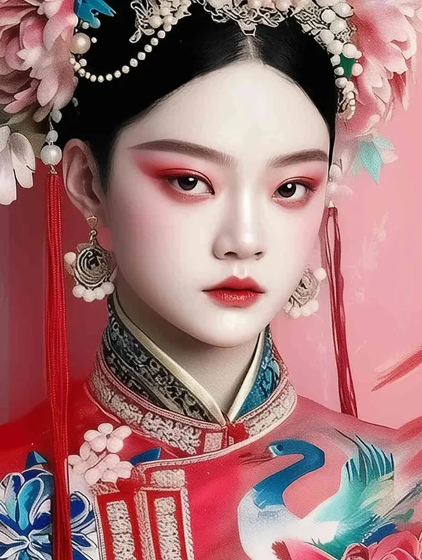 Peking Opera Knife and Horse Dan, red and blue costumes, fashion magazines, Time magazine, studio photos, special effects for big movies, real lighting, face lights, surprising details, portrait closeups, cinematic feel, ultimate closeups, rich lighting details, creative associations，white background - style1部分