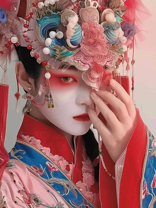 Peking Opera Knife and Horse Dan, red and blue costumes, fashion magazines, Time magazine, studio photos, special effects for big movies, real lighting, face lights, surprising details, portrait closeups, cinematic feel, ultimate closeups, rich lighting details, creative associations，white background - style3部分