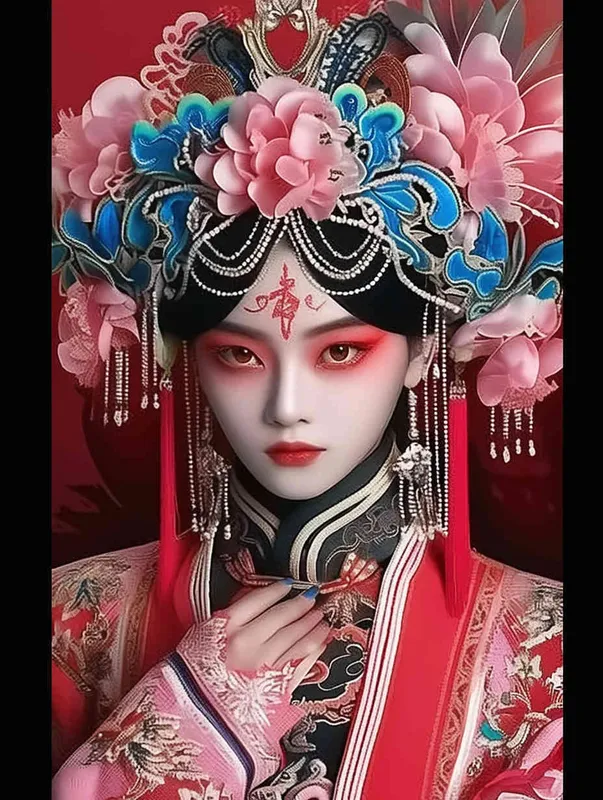 Peking Opera Knife and Horse Dan, red and blue costumes, fashion magazines, Time magazine, studio photos, special effects for big movies, real lighting, face lights, surprising details, portrait closeups, cinematic feel, ultimate closeups, rich lighting details, creative associations，white background - style4部分