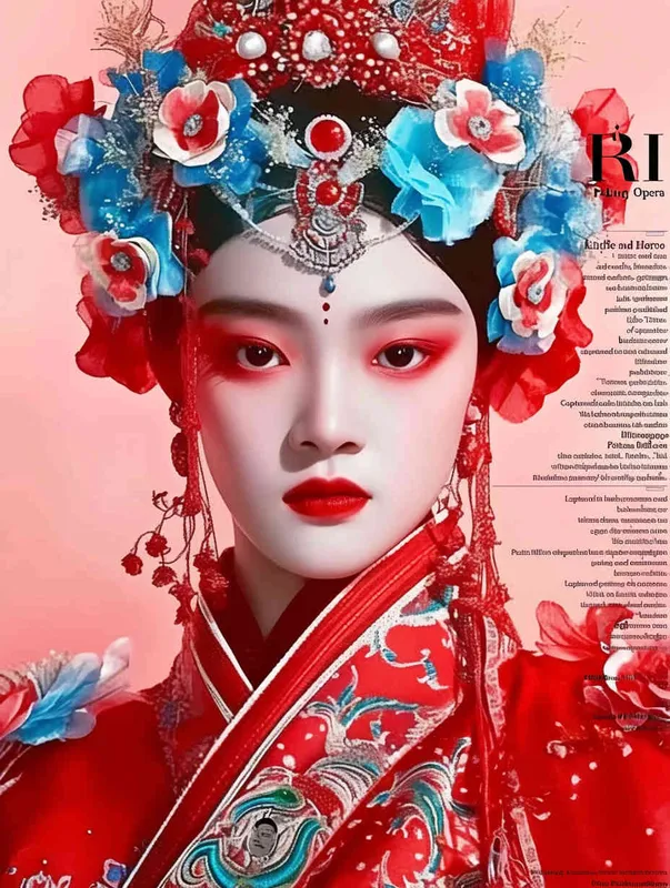 Peking Opera Knife and Horse Dan, red and blue costumes, fashion magazines, Time magazine, studio photos, special effects for big movies, real lighting, face lights, surprising details, portrait closeups, cinematic feel, ultimate closeups, rich lighting details, creative associations，white background - style2部分