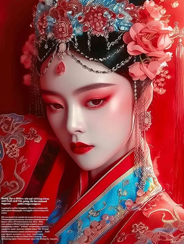 Peking Opera Knife and Horse Dan, red and blue costumes, fashion magazines, Time magazine, studio photos, special effects for big movies, real lighting, face lights, surprising details, portrait closeups, cinematic feel, ultimate closeups, rich lighting details, creative associations，white background - style3部分