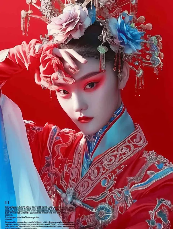 Peking Opera Knife and Horse Dan, red and blue costumes, fashion magazines, Time magazine, studio photos, special effects for big movies, real lighting, face lights, surprising details, portrait closeups, cinematic feel, ultimate closeups, rich lighting details, creative associations，white background - style4部分