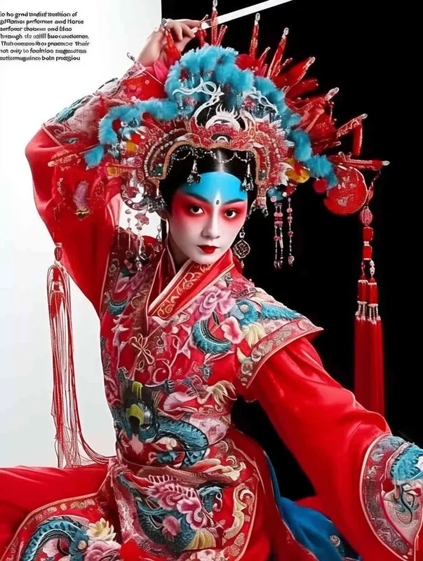 Peking Opera Knife and Horse Dan, red and blue costumes, fashion magazines, Time magazine, studio photos, special effects for big movies, real lighting, face lights, surprising details, portrait closeups, cinematic feel, ultimate closeups, rich lighting details, creative associations，white background - style1部分
