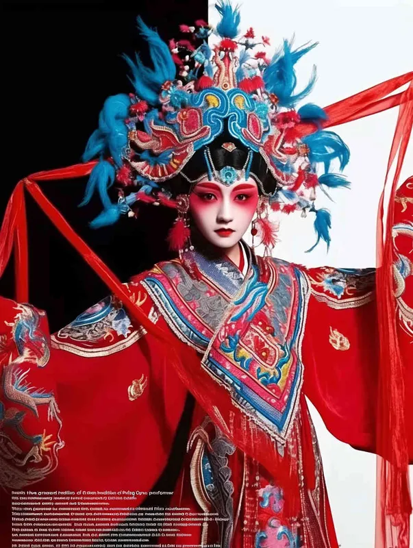 Peking Opera Knife and Horse Dan, red and blue costumes, fashion magazines, Time magazine, studio photos, special effects for big movies, real lighting, face lights, surprising details, portrait closeups, cinematic feel, ultimate closeups, rich lighting details, creative associations，white background - style2部分