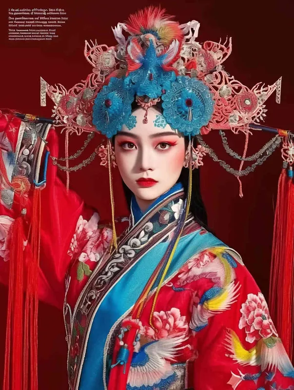 Peking Opera Knife and Horse Dan, red and blue costumes, fashion magazines, Time magazine, studio photos, special effects for big movies, real lighting, face lights, surprising details, portrait closeups, cinematic feel, ultimate closeups, rich lighting details, creative associations，white background - style1部分