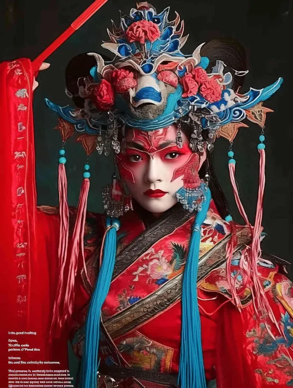 Peking Opera Knife and Horse Dan, red and blue costumes, fashion magazines, Time magazine, studio photos, special effects for big movies, real lighting, face lights, surprising details, portrait closeups, cinematic feel, ultimate closeups, rich lighting details, creative associations，white background - style2部分