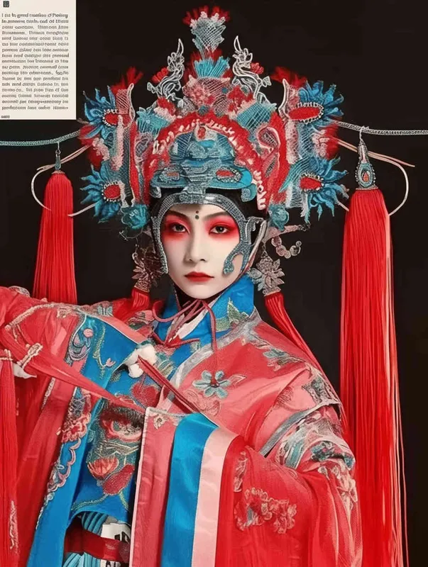 Peking Opera Knife and Horse Dan, red and blue costumes, fashion magazines, Time magazine, studio photos, special effects for big movies, real lighting, face lights, surprising details, portrait closeups, cinematic feel, ultimate closeups, rich lighting details, creative associations，white background - style4部分