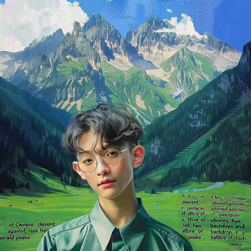 A Chinese boy wearing glasses and black clothes, with a green mountain background - style1部分