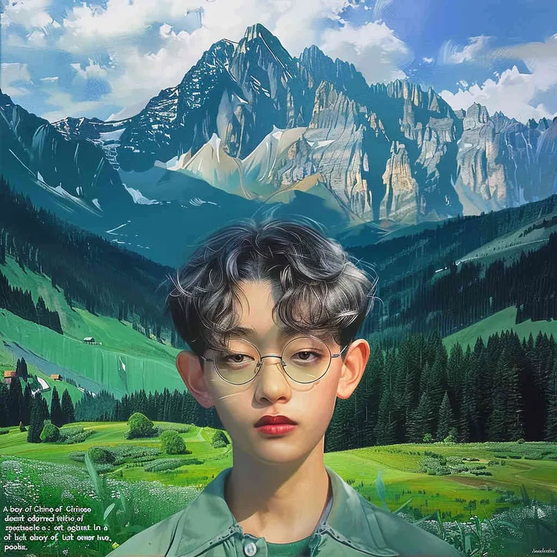 A Chinese boy wearing glasses and black clothes, with a green mountain background - style2部分