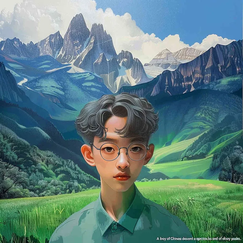 A Chinese boy wearing glasses and black clothes, with a green mountain background - style3部分