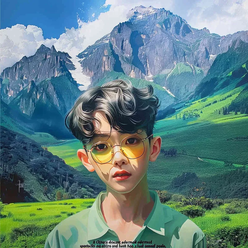 A Chinese boy wearing glasses and black clothes, with a green mountain background - style4部分
