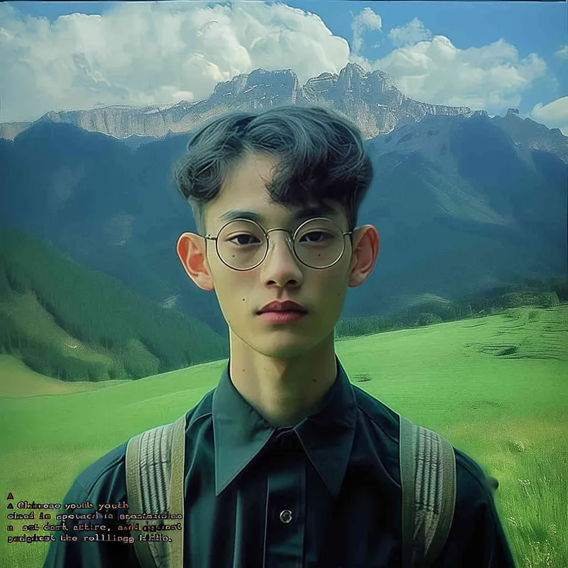 A Chinese boy wearing glasses and black clothes, with a green mountain background - style1部分